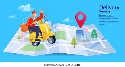 Ecommerce concept. Online shopping. Online delivery service concept. Fast delivery by scooter via mobile phone. Man riding motorcycle. Shopping on social networks. Vector illustration.