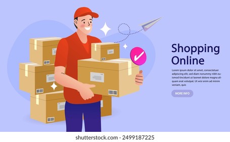 Ecommerce concept. Online shopping. Online delivery service concept. Fast delivery via laptop. Parcel box with order confirmation icon on a computer. product shipping packing. Vector illustration.
