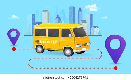 Ecommerce concept. Online shopping. Online delivery service concept. Fast delivery by van. digital marketing. Internet e-commerce. Grocery order from smart phone. Vector illustration.