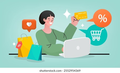 Ecommerce concept. Online shopping. Online delivery service concept. Fast delivery via laptop. Parcel box with order confirmation icon on a computer. product shipping packing. Vector illustration.