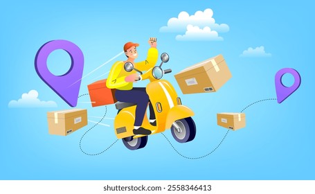 Ecommerce concept. Online shopping. Online delivery service concept. Fast delivery by scooter via mobile phone. Man riding scooter. Vector illustration.