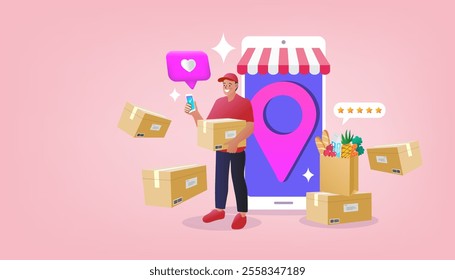 Ecommerce concept. Online shopping. Online delivery service concept. Fast delivery by scooter via mobile phone. Internet digital store scene with people on shopping. Vector illustration.