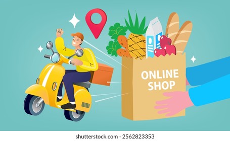 Ecommerce concept. Online shopping. Online delivery service concept. Fast delivery via laptop. buying and selling, for web page. Sale poster. Promo Christmas, New Year. Vector illustration.