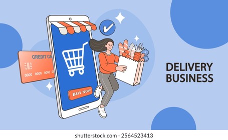 Ecommerce concept. Online shopping. Delivery service concept. Fast delivery via mobile phone. Parcel box with order confirmation icon on a computer. product shipping packing. Vector illustration.