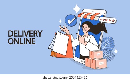 Ecommerce concept. Online shopping. Delivery service concept. Fast delivery via mobile phone. Parcel box with order confirmation icon on a computer. product shipping packing. Vector illustration.