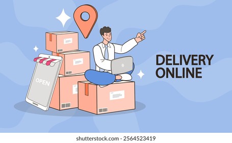 Ecommerce concept. Online shopping. Delivery service concept. Fast delivery via mobile phone. Parcel box with order confirmation icon on a computer. product shipping packing. Vector illustration.