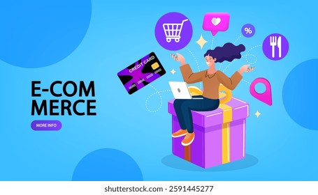 Ecommerce concept. Online shopping. Online delivery service concept. Fast delivery via laptop. buying and selling, for web page. Sale poster. computer marketing and e-commerce. Vector illustration.