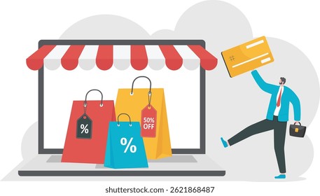 Ecommerce concept. Online shopping. Online delivery service concept. Fast delivery via laptop. buying and selling, for web page. Sale poster. Promo Christmas, New Year. Vector illustration.