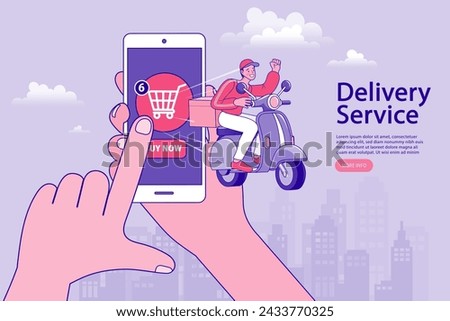 Ecommerce concept. Online shopping. Online delivery service concept. Fast delivery by scooter via mobile phone. Man riding scooter. digital marketing and e-commerce. Vector illustration.
