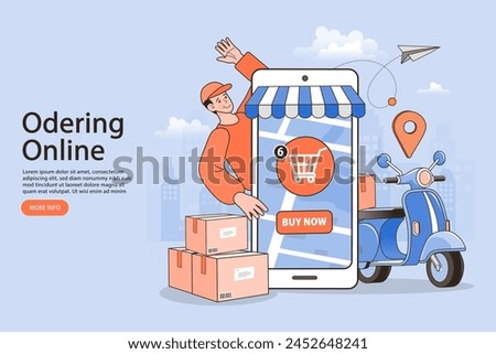 Ecommerce concept. Online shopping. Online delivery service concept. Fast delivery by scooter via mobile phone. Man riding motorcycle. Smartphone marketing and e-commerce. Vector illustration.