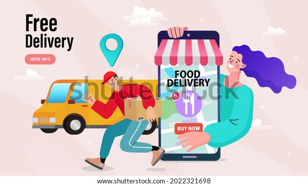 Ecommerce concept. Online\
shopping. Online delivery service concept. Fast delivery by van via\
mobile phone. Truck shipping. GPS tracking location. Vector\
illustration.