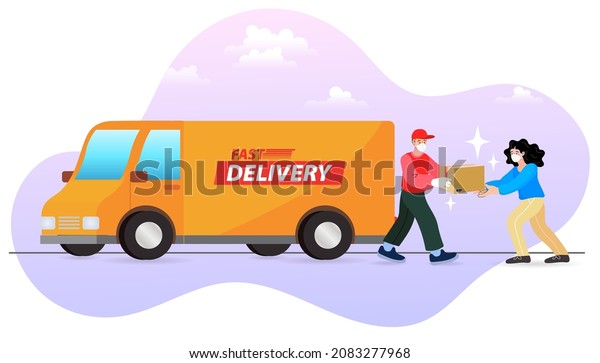 Ecommerce concept. Online shopping. Online\
delivery service concept. Fast delivery by van. digital marketing.\
Internet e-commerce. order tracking. Grocery order from smart\
phone. Vector\
illustration.
