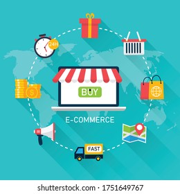 Konzept des elektronischen Geschäftsverkehrs . Online-Shopping mit Elementhintergrund. modern für das Web-Banner-Marketing. Vektorgrafik in flachem Design. Symbole für Shop, Kundenservice und Lieferung. 