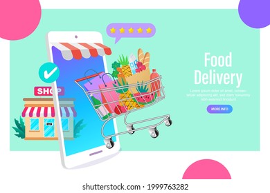 Ecommerce concept. Online shopping. Fast delivery via mobile phone. Marketing and Digital marketing. Marketplace on Computer Screen Concept. online order, paper bags. Vector illustration.