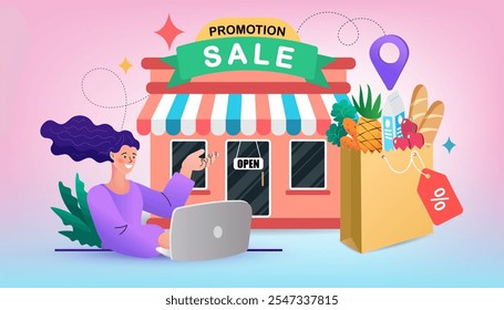 E-commerce concept. Online shopping. Fast delivery via laptop. Marketing and Digital marketing. Marketplace on Computer Screen Concept. online order, paper bags. Vector illustration and flat design.