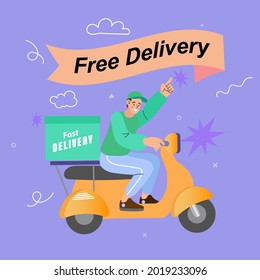 Konzept des elektronischen Geschäftsverkehrs. Online-Shopping. Bestellen Sie den Versand pünktlich, schnelle Vertriebsdienste, Versand-Verzögerung. Delivery Man Ride Scooter Motorrad Cartoon Vektorgrafik.
