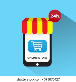 e-commerce concept. online store 24 hour. flat design. Vector illustration.