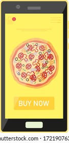 E-commerce concept: order fast food online. Online order pizza. Delivery service. Pizzeria internet App for Smartphones. Vector illustration isolated on white background