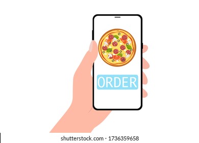 Ecommerce concept: order fast food online. Hand holding smartphone with pizza and button on screen. Vector flat cartoon illustration for advertisement, web sites, banners design. Delivery service.