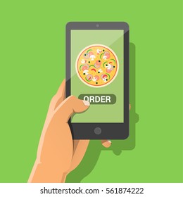 Ecommerce concept: order fast food online. Hand holding smartphone with pizza and button on screen. Vector flat cartoon illustration for advertisement, web sites, banners design. Delivery service.