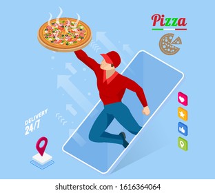 Ecommerce concept order food online website. Fast food pizza delivery online service. Flat isometric vector illustration. Can be used for advertisement, infographic, game or mobile apps icon.