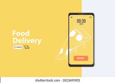 Ecommerce concept: order food online website. Fast food pizza delivery online service. Flat isometric vector illustration. Can be used for advertisement, infographic, game or mobile apps icon.
