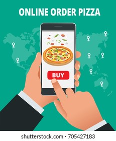 E-commerce concept: order food online website. Fast food pizza delivery online service. Flat isometric vector illustration. Can be used for advertisement, infographic, game or mobile apps icon