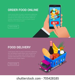 E-commerce Concept: Order Food Online Website. Health Food Delivery Online Service. Flat Isometric Vector Illustration. Can Be Used For Advertisement, Infographic, Game Or Mobile Apps Icon. 