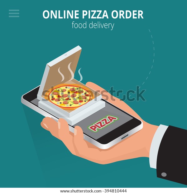 Eコマースのコンセプト オンラインで食べ物を注文する ファストフードピザの宅配をオンラインで行う 平らなアイソメトリックベクターイラスト 広告 インフォグラフィック ゲーム モバイルアプリのアイコンに使用できます のベクター画像素材 ロイヤリティ
