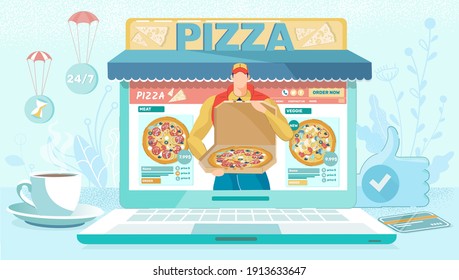 Concepto de Ecommerce, Ordenando Pizza Web. Servicio de entrega de comida rápida. Caja de retenes para trabajadores con comida en pantalla grande para portátiles. Comprar pizza en Internet con imagen vectorial de dibujos planos.