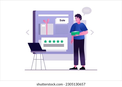 El concepto de comercio electrónico con la escena de la gente en el diseño de caricaturas planas. Un tipo elige un regalo con descuento en una tienda en línea. Ilustración vectorial.