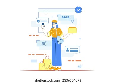 E-commerce concept with people scene in the flat cartoon style. The girl chooses new clothes and various things with discounts on the Internet. Vector illustration.