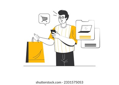 E-commerce concept with people scene in the flat cartoon design. Man orders all goods online because it is more convenient. Vector illustration.