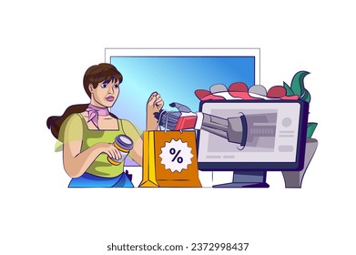 E-commerce concept with people scene in flat cartoon design for web. Woman shopping at seasonal sales in online stores with delivery. Vector illustration for social media banner, marketing material.