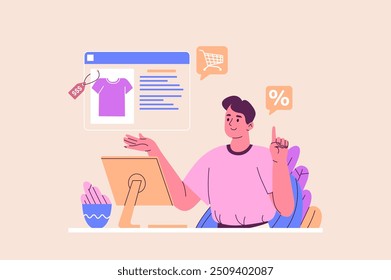 E-commerce concept with people scene in the flat cartoon design. A young man is thinking about an online purchase, surrounded by a shopping cart and discount icons. Vector illustration.
