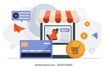 E-commerce concept showing a storefront with a credit card, shopping icons, and global elements on a white background. Concept of digital retail. Vector illustration