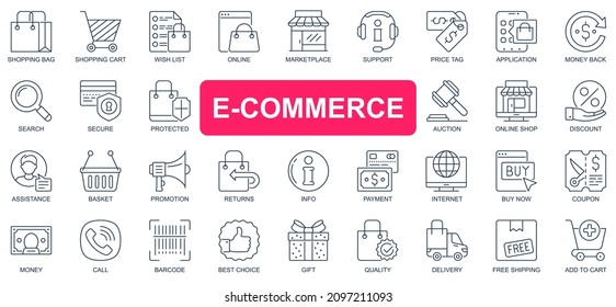 E-commerce concept simple line icons set. Pack outline pictograms of shopping, online, marketplace, support, price tag, auction, discount and other. Vector symbols for website and mobile app design