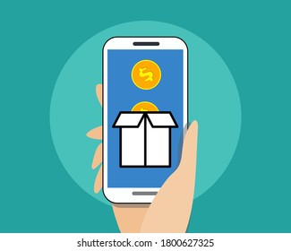 E-commerce concept: There are hand hold mobile phone with golden coins. Cartoon vector style for your design 