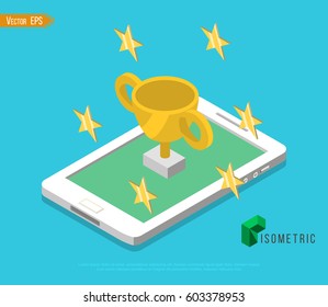 Ecommerce concept: Trophy Cup Vector Flat Icon with star. Flat isometric vector illustration. Can be used for advertisement, infographic, game or mobile apps icon. 