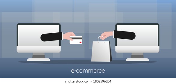 E-Commerce Concept. Two Hands Giving Credit Card And Bag Through Computer Screens Shopping Online On Blue Background. Illustration, Panorama