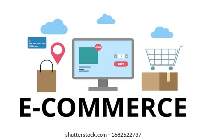 Ecommerce concept vector. Shopping online on e-commerce website illustration, flat design. Buy discounted products on website with credit card. 