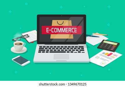 Ecommerce concept vector, working table desk with laptop computer analyzing online internet store, office desktop, e-commerce analytics market research, electronic shop top view work place flat 3d