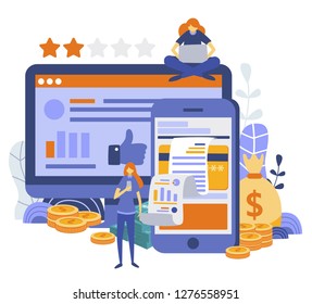 E-Commerce Concept for web page, banner, presentation. People with money shopping online. Vector illustration