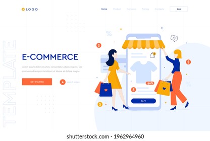 E-commerce concept website template. Girls shopping in an online store using a smartphone. Digital business illustrations