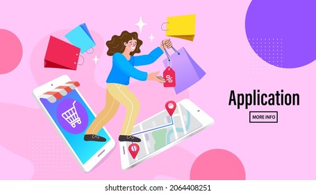 Ecommerce concept. Woman doing online shopping on mobile. Customer visit websites stores. Landing page template of Online Shopping. delivery service concept. Vector illustration