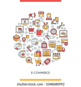 E-commerce concepte. Modern icons on theme commerce, payments, delivery, business and shopping. Flat line design icons collection. Vector illustration