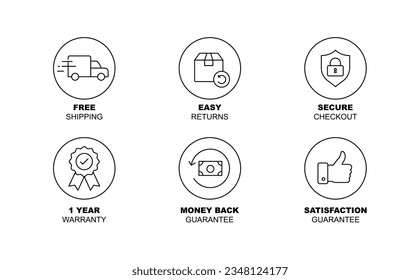 E-commerce Confidence Icons: Free shipping, easy returns, money-back guarantee, satisfaction guarantee, secure checkout, and warranty