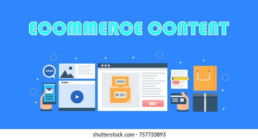 E-commerce Content, marketing, online advertising, digital marketing flat vector banner isolated on blue background