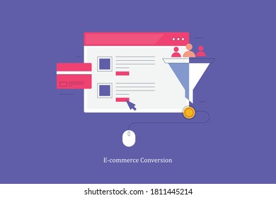 E-commerce conversion, conversion optimization, Digital sales funnel - flat design vector illustration with icons isolated on violet background