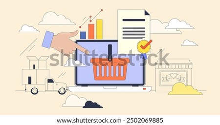 E-commerce course for sales improvement learning tiny neubrutalism concept. Web shop development learning with focused seminar for trade business owners and tech entrepreneurs vector illustration.